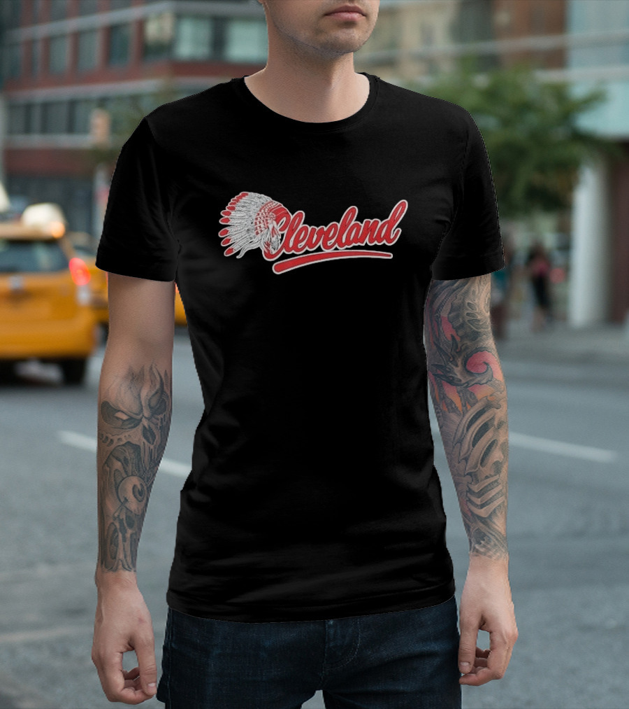 Cleveland Native American Feather Headdress Distressed Script T-Shirt