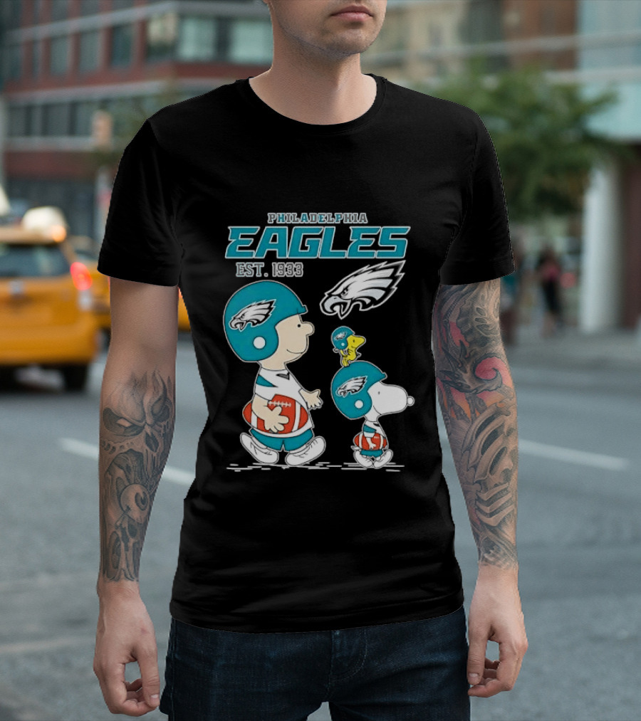 Philadelphia Eagles Est 1933 Cartoon Boy Dog Helmets Footballs T-Shirt