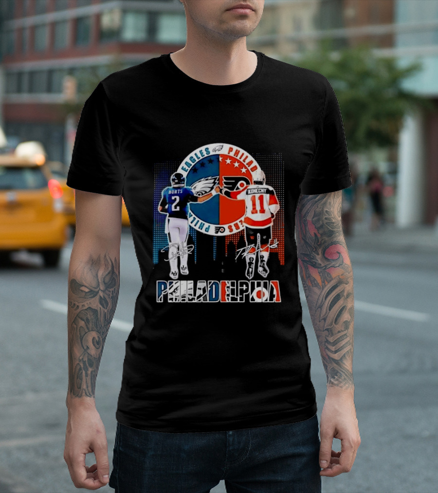 Philadelphia Eagles Flyers Hurts Konecny Fist Bump Split Crest Skyline T-Shirt