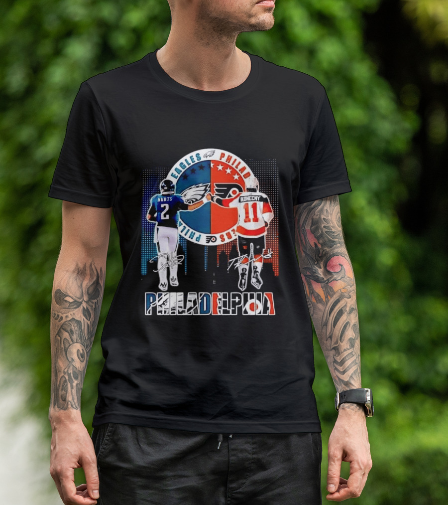 Philadelphia Eagles Flyers Hurts Konecny Fist Bump Split Crest Skyline T-Shirt