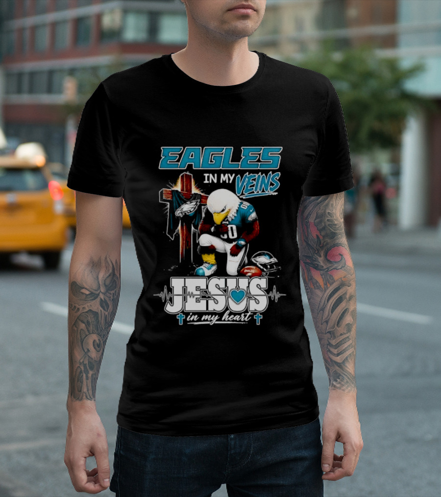 Eagles In My Veins Jesus In My Heart Kneeling Cross Football Helmet T-Shirt