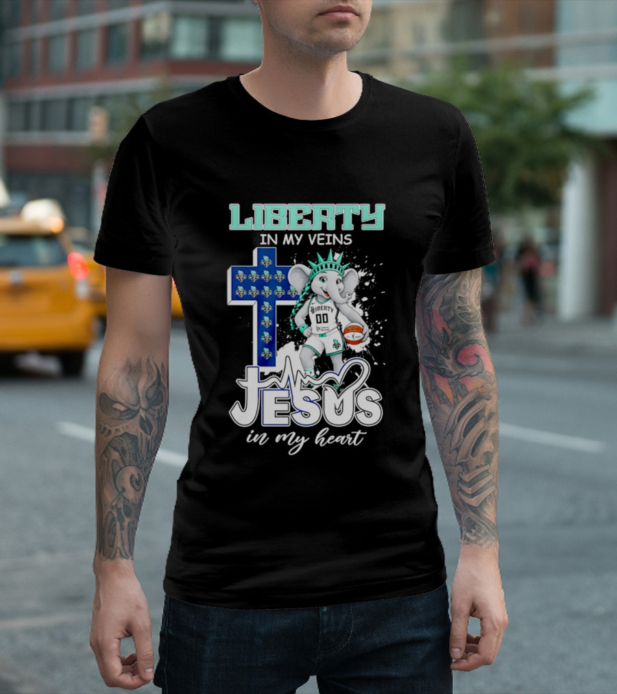 Liberty In My Veins Jesus In My Heart New York Liberty Elephant Basketball Cross T-Shirt