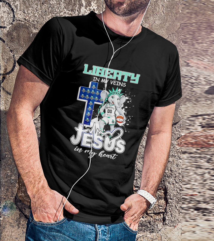 Liberty In My Veins Jesus In My Heart New York Liberty Elephant Basketball Cross T-Shirt