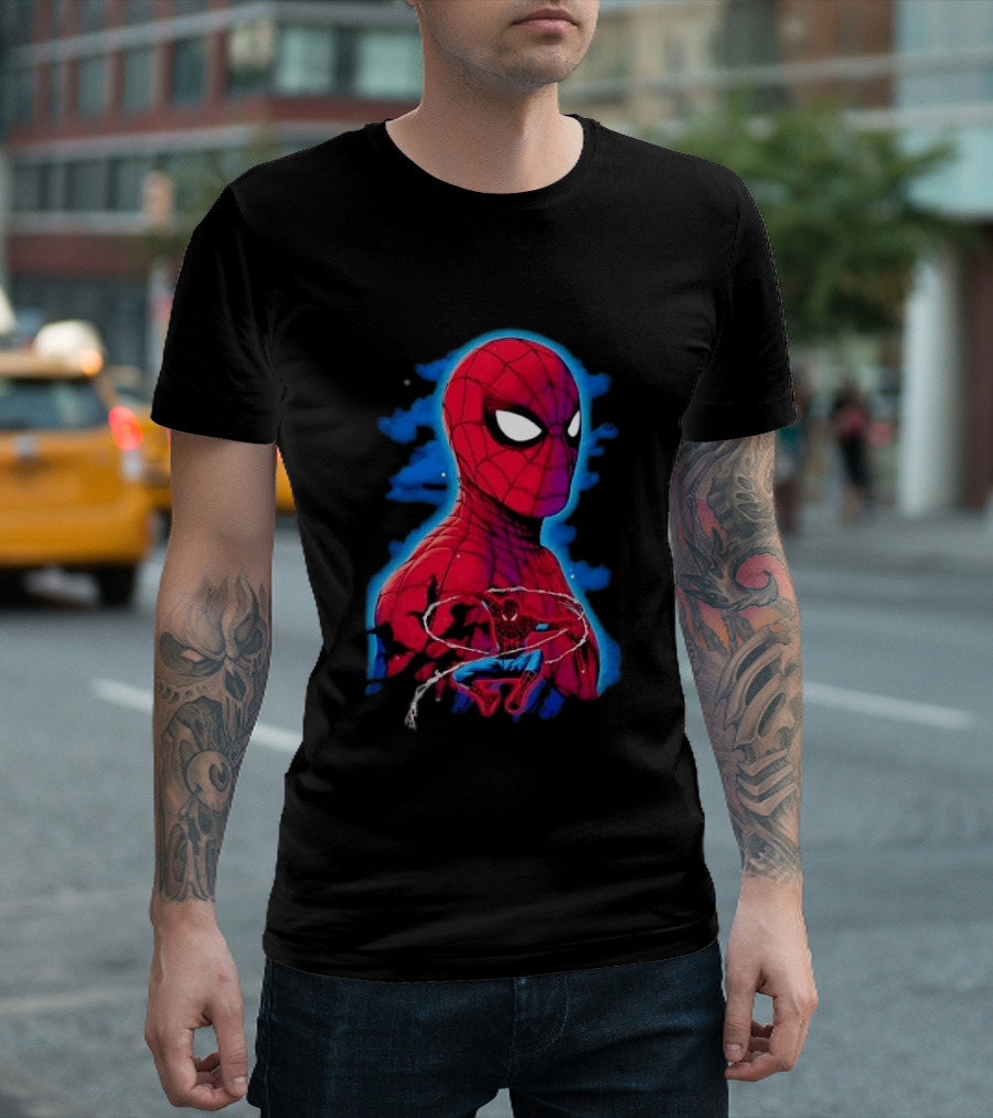 Marvel Spider Man Bust Crouching Web Action Silhouette Clouds T-Shirt