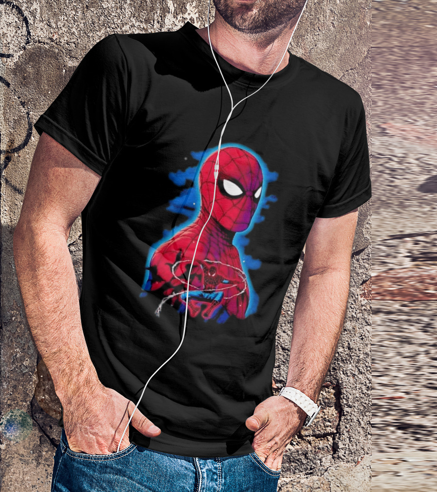 Marvel Spider Man Bust Crouching Web Action Silhouette Clouds T-Shirt