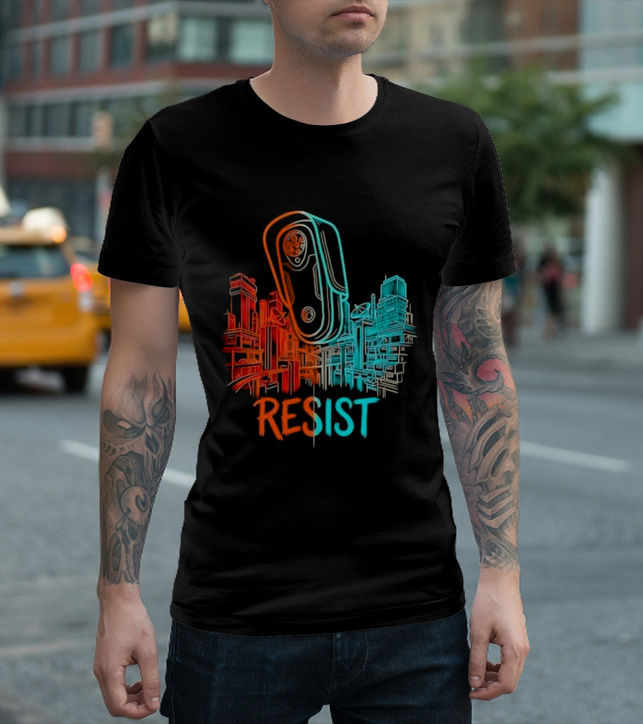 Resist Surveillance Neon City Skyline Security Camera T-Shirt