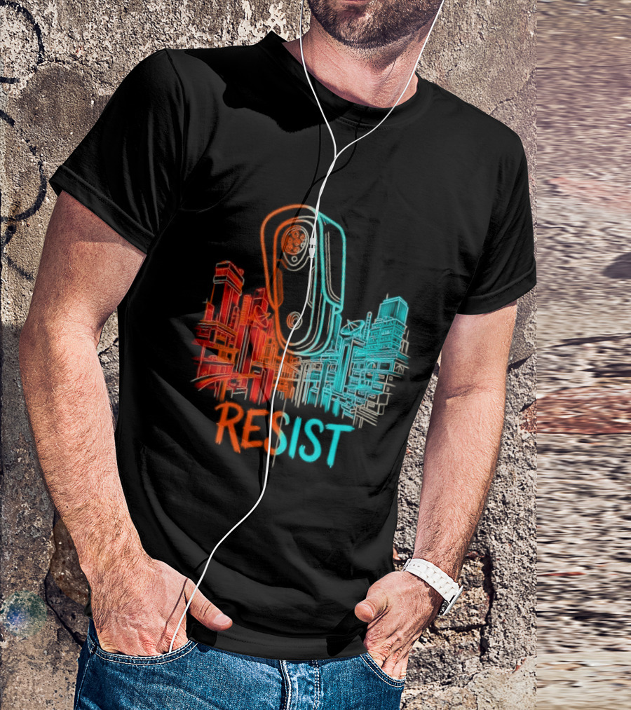 Resist Surveillance Neon City Skyline Security Camera T-Shirt