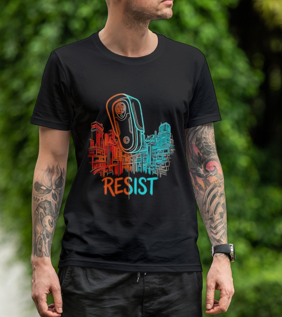 Resist Surveillance Neon City Skyline Security Camera T-Shirt