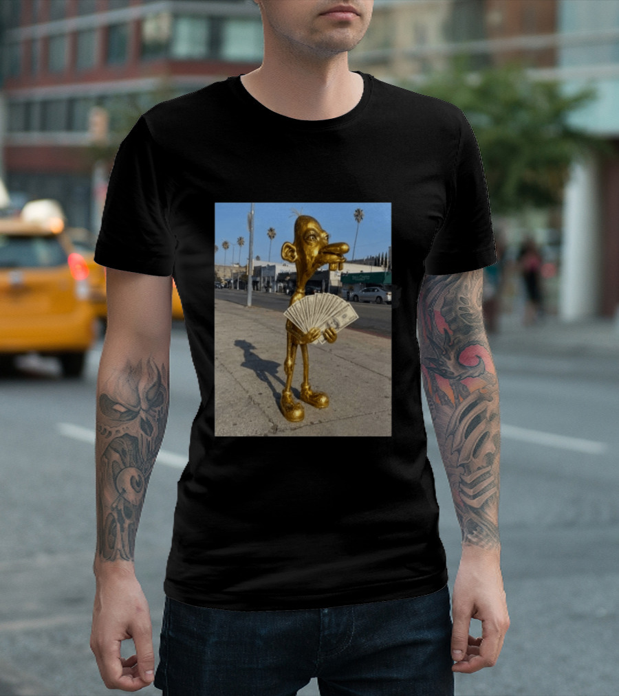 Rich Neegy Golden Cartoon Character Holding Cash On Street T-Shirt