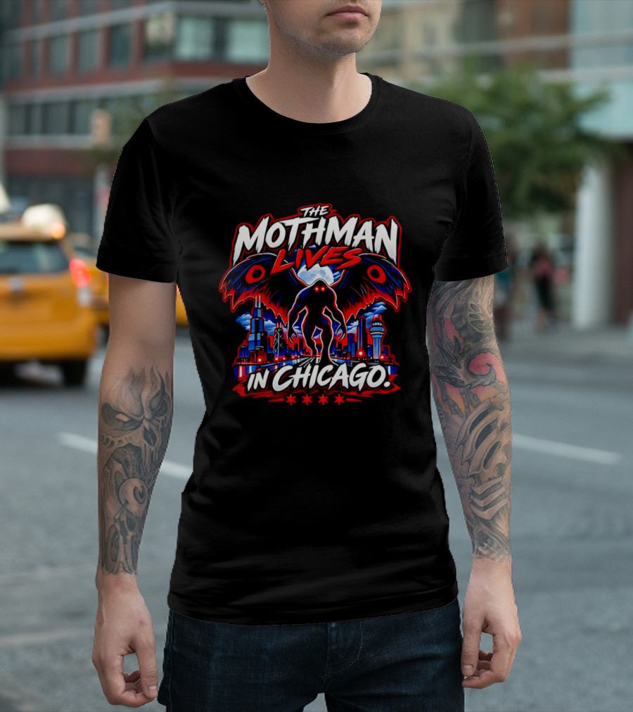 The Mothman Lives In Chicago Urban Legend Skyline Paranormal Mythology T-Shirt