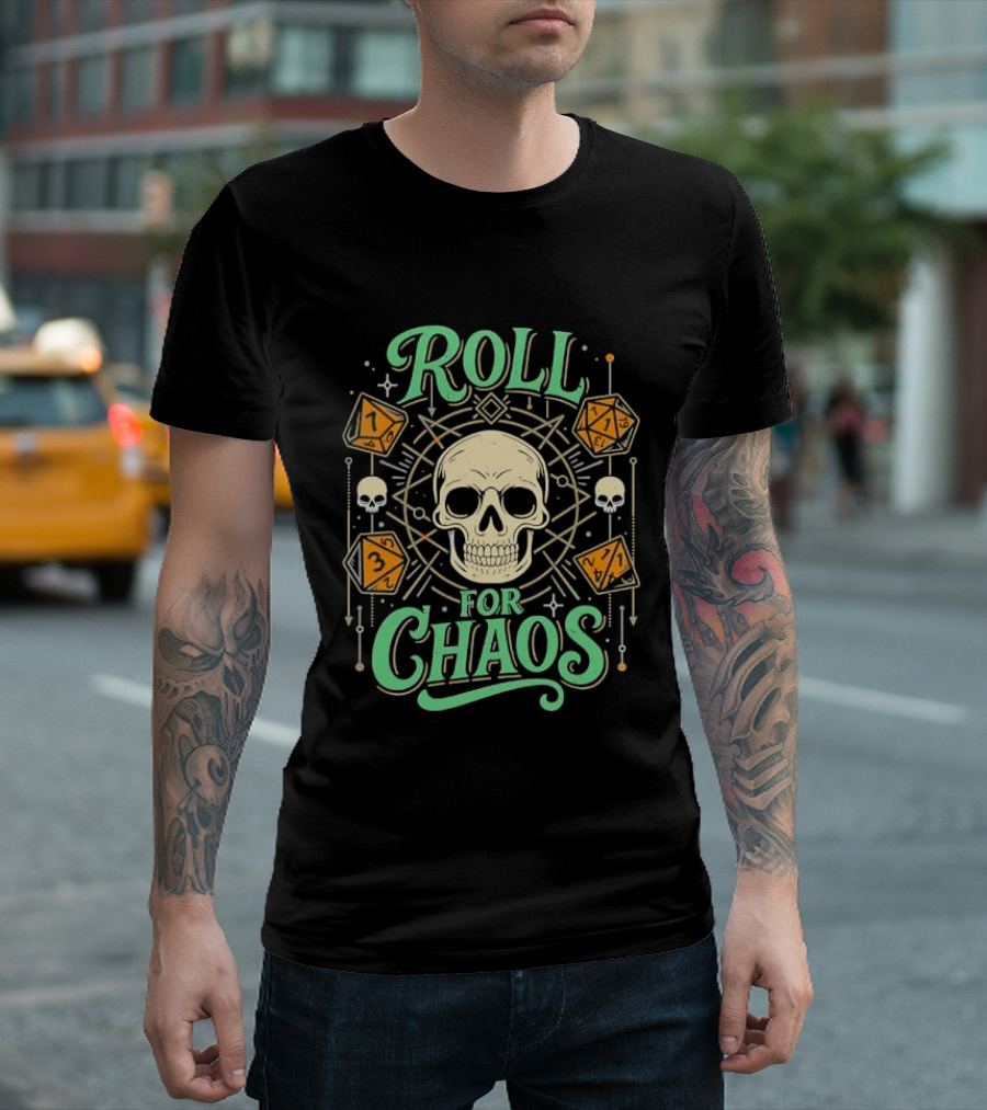 Roll For Chaos Skull RPG Dice Geometric Polyhedral Line T-Shirt