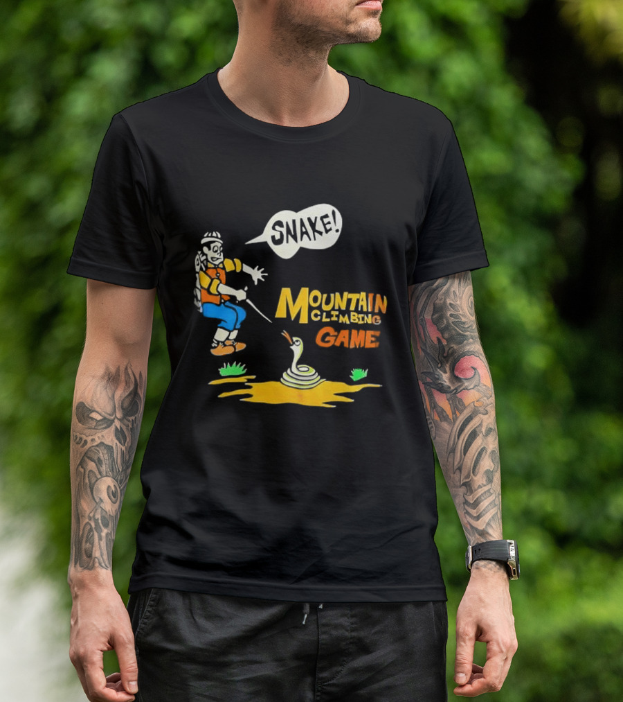 Snake Mountain Climbing Game Startled Climber Coiled Serpent Cartoon T-Shirt