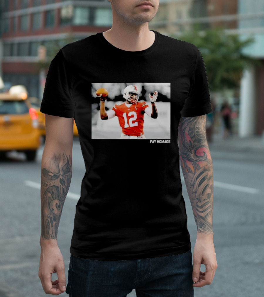 Ohio State Buckeyes Quarterback Number 12 Throwing Football Selective Color Pay Homage T-Shirt