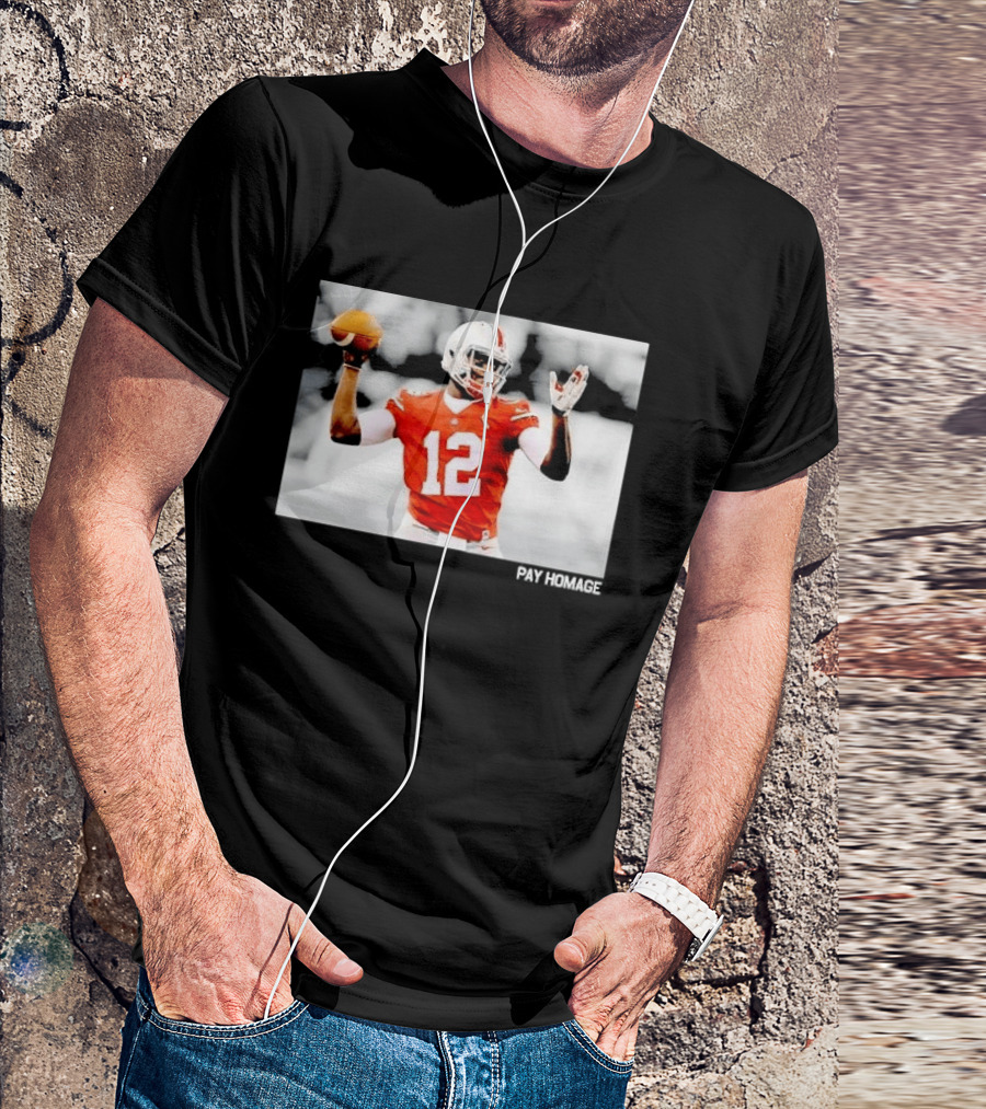 Ohio State Buckeyes Quarterback Number 12 Throwing Football Selective Color Pay Homage T-Shirt