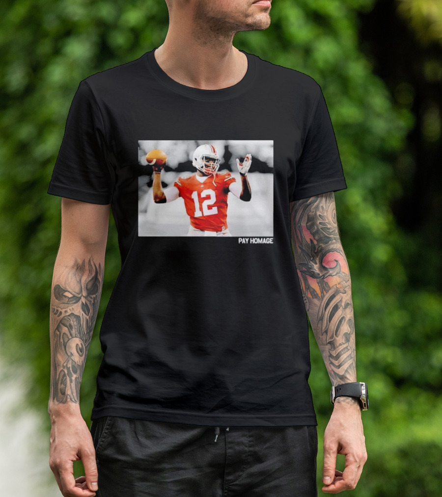 Ohio State Buckeyes Quarterback Number 12 Throwing Football Selective Color Pay Homage T-Shirt