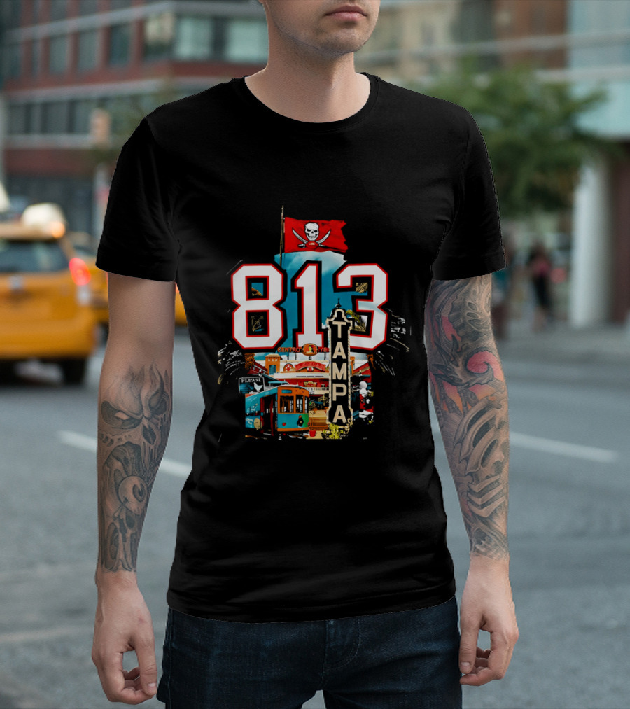 Tampa Bay Buccaneers 813 Day Celebration With Pirate Flag And Tampa Landmarks T-Shirt