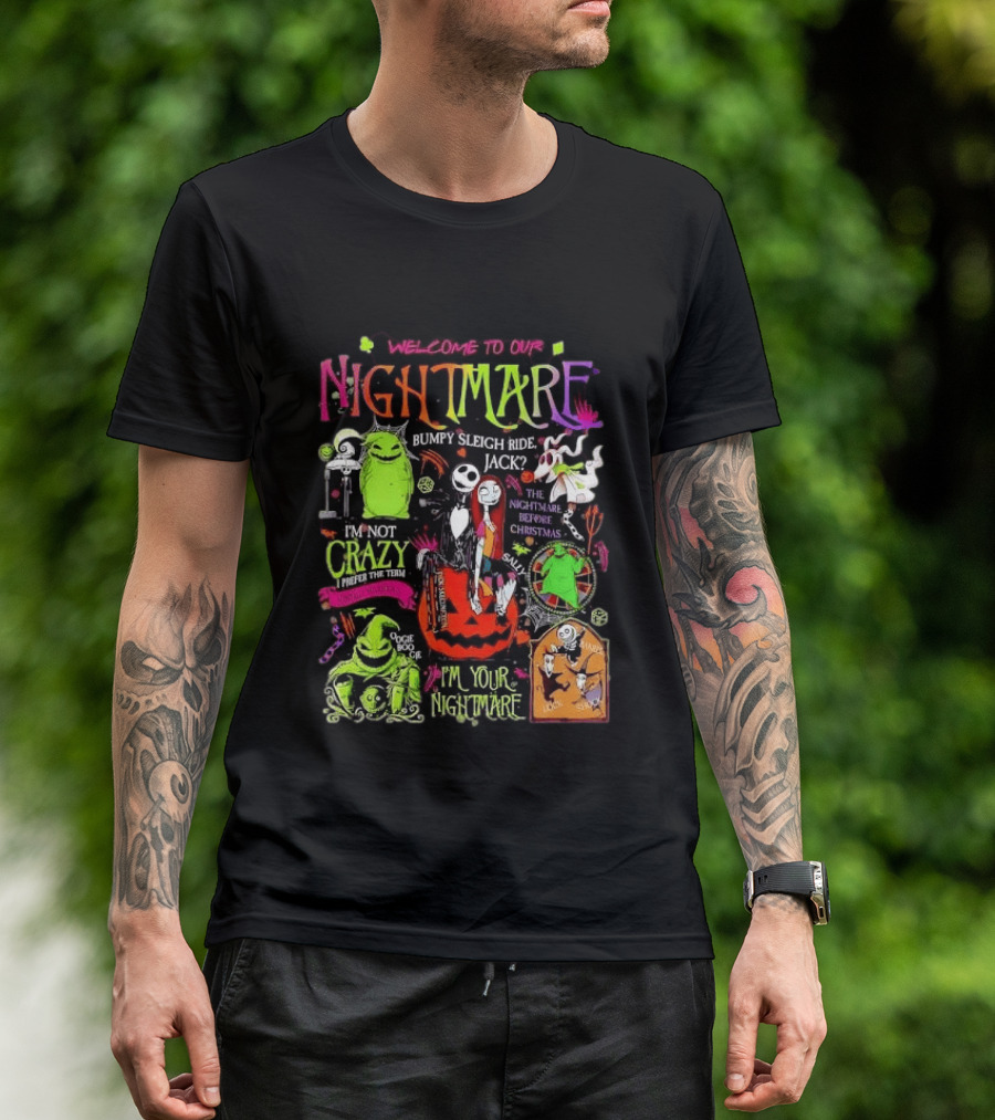 Welcome To Our Nightmare Bumpy Sleigh Ride Jack Oogie Boogie Nightmare Before Christmas Characters Pumpkin Collage T-Shirt