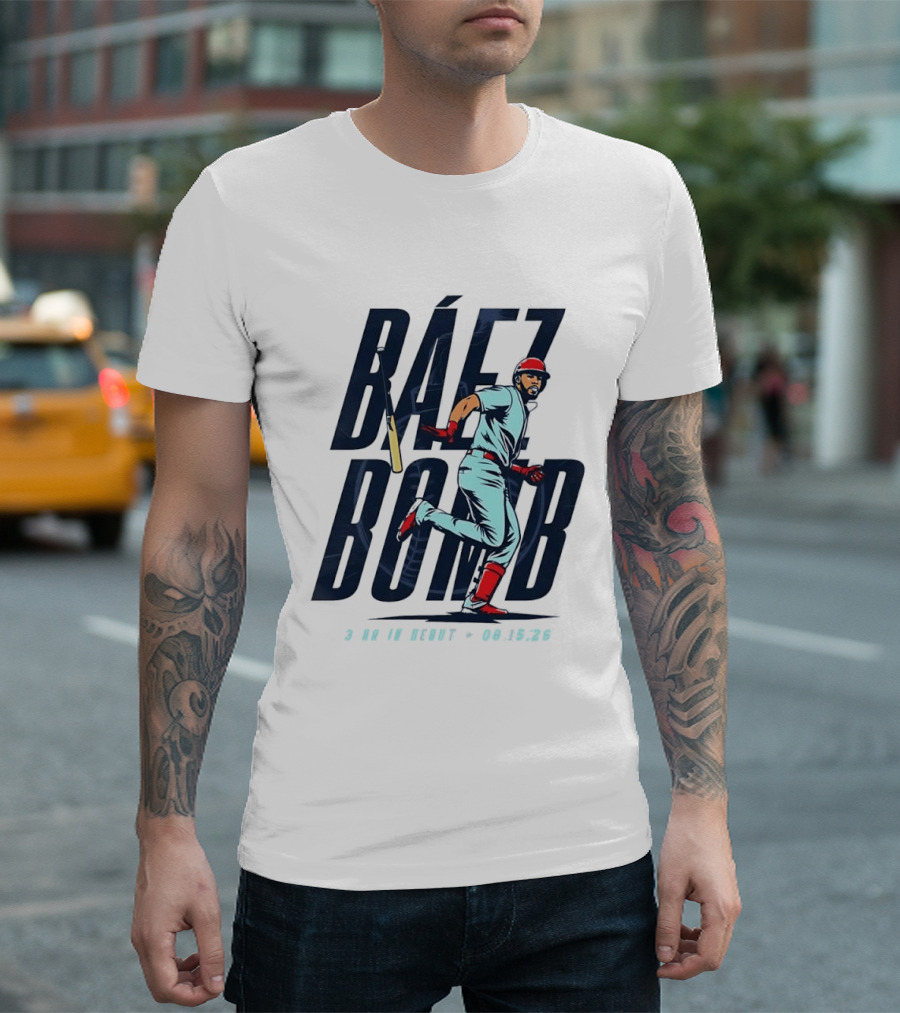 Báez Bomb 3 HR In Debut 08 15 26 Cartoon Baseball Player Running T-Shirt
