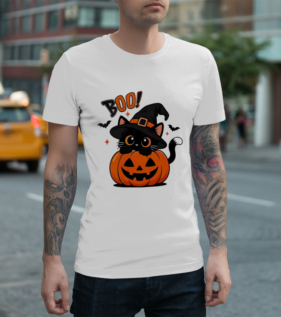 Boo Halloween Black Cat Witch Hat Jack O Lantern Pumpkin T-Shirt