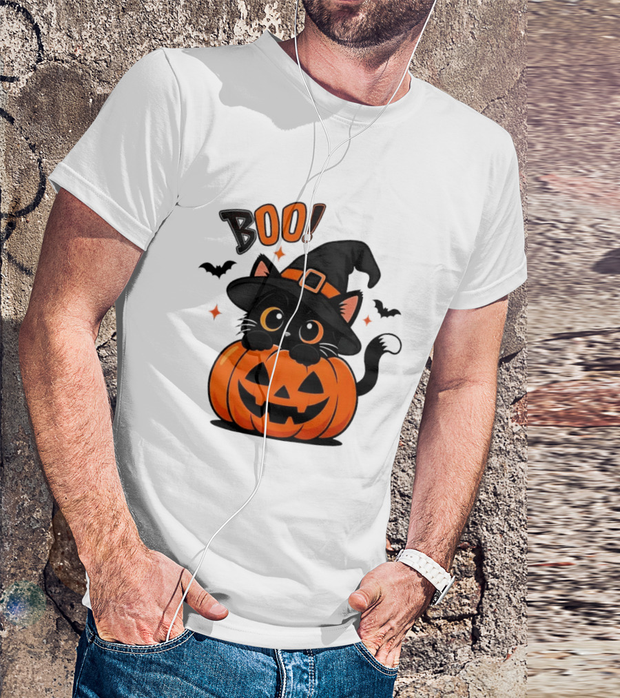 Boo Halloween Black Cat Witch Hat Jack O Lantern Pumpkin T-Shirt