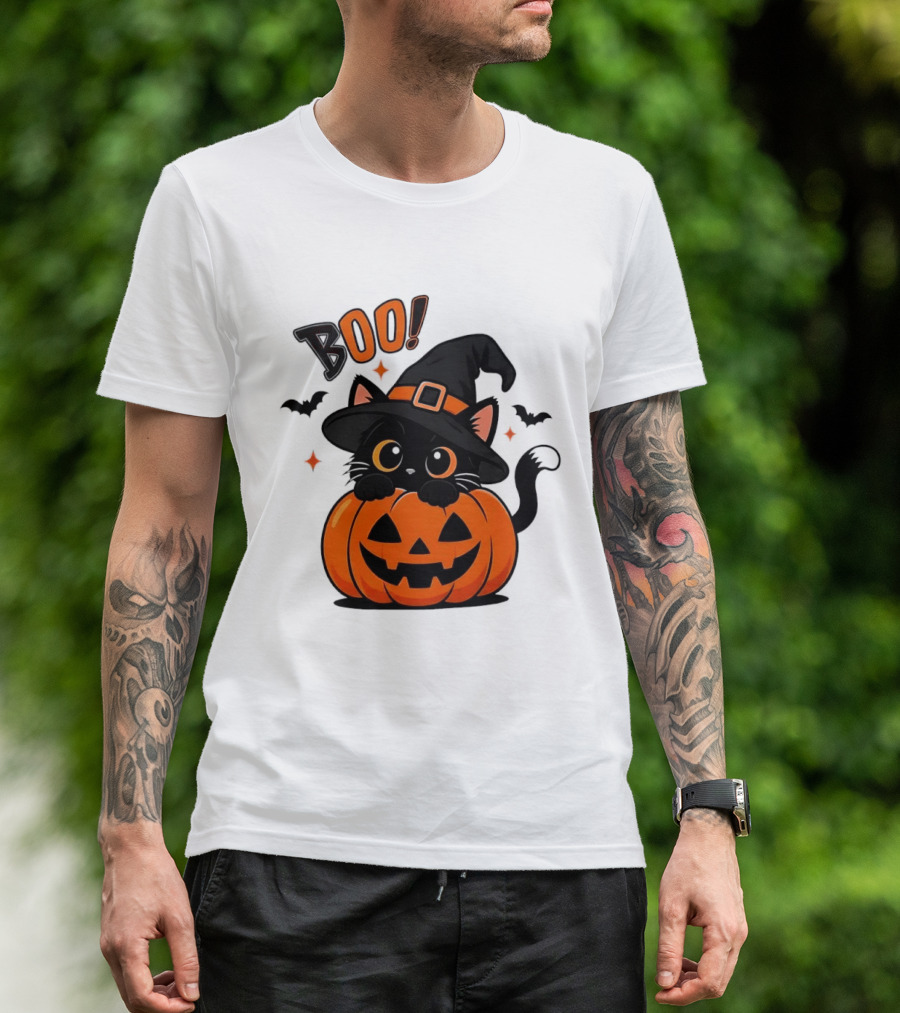 Boo Halloween Black Cat Witch Hat Jack O Lantern Pumpkin T-Shirt