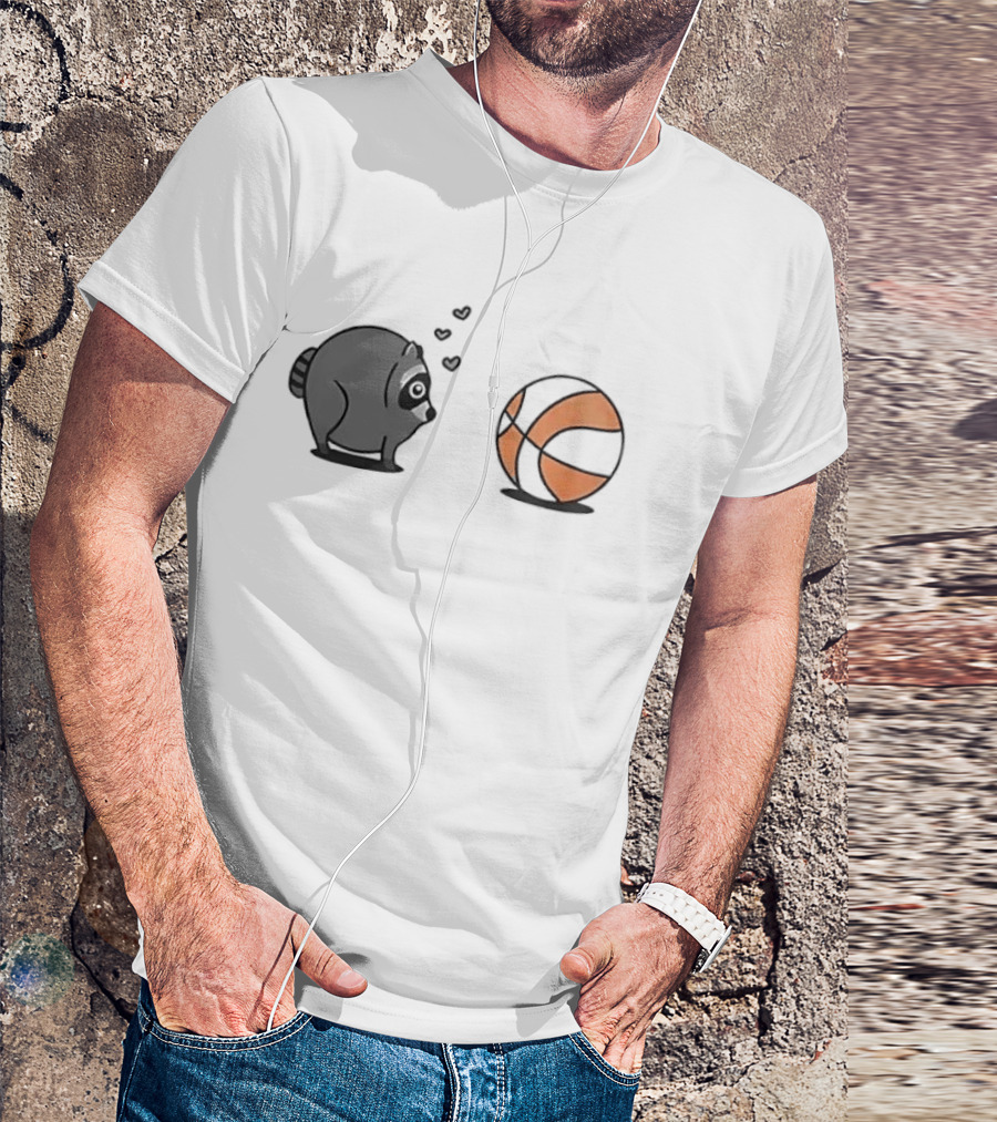 Chubby Cartoon Raccoon Admiring Basketball With Pink Hearts T-Shirt