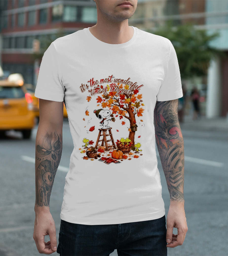Snoopy It's The Most Wonderful Time Of The Year Autumn Tree Pumpkin Woodstock T-Shirt