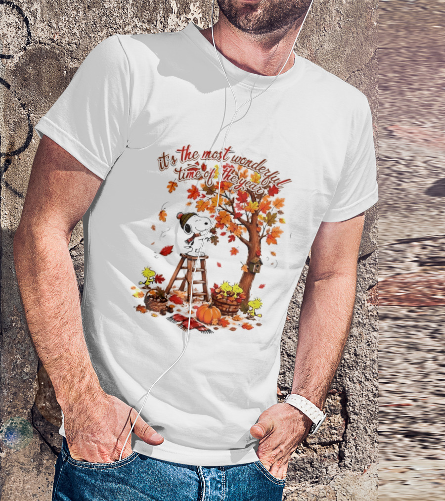 Snoopy It's The Most Wonderful Time Of The Year Autumn Tree Pumpkin Woodstock T-Shirt