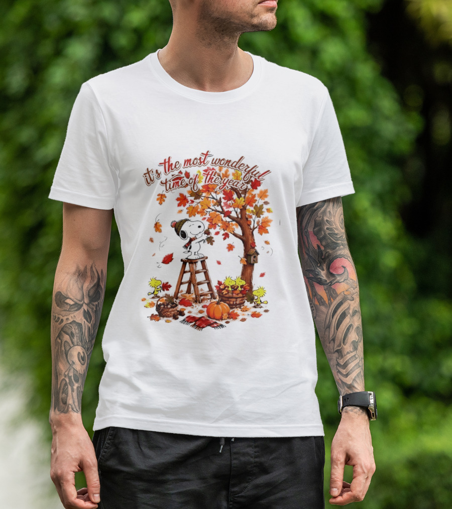 Snoopy It's The Most Wonderful Time Of The Year Autumn Tree Pumpkin Woodstock T-Shirt