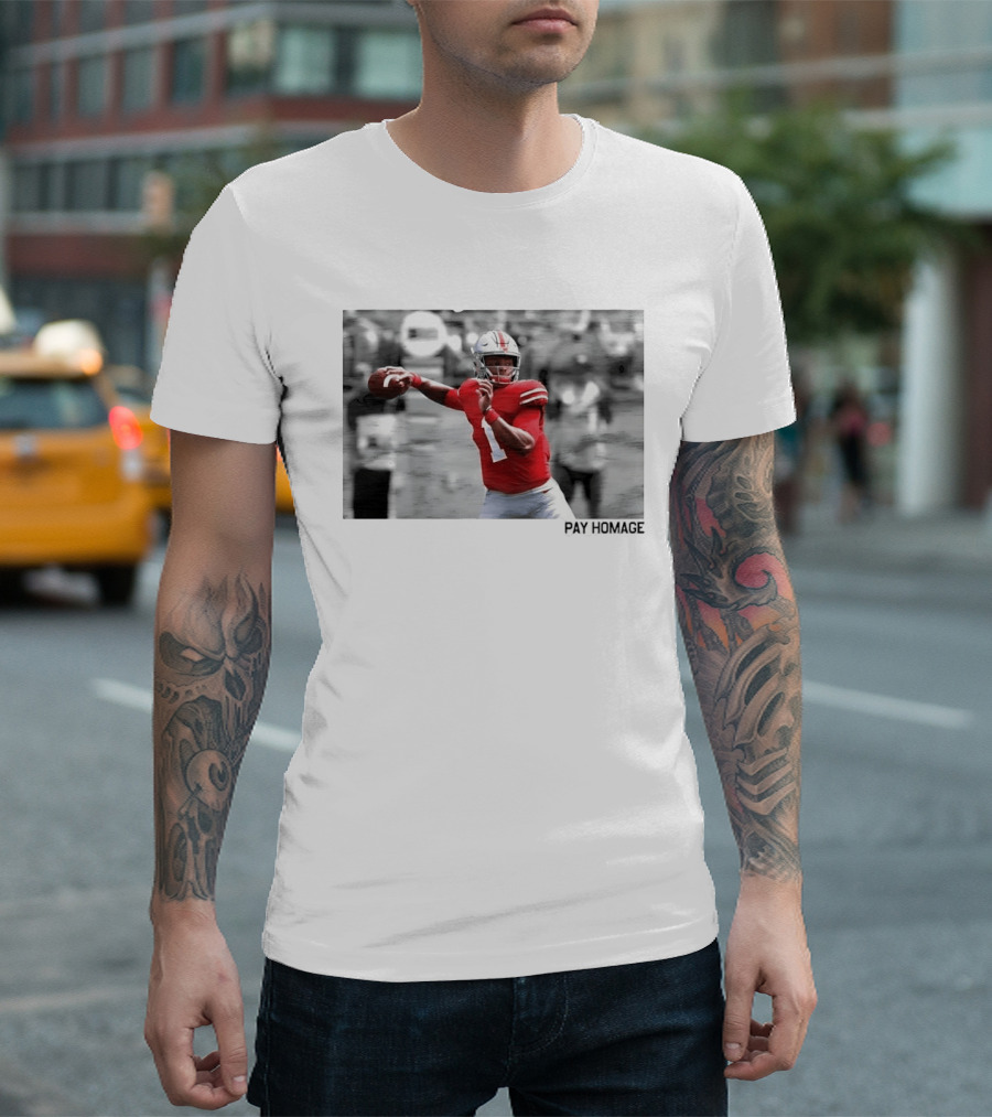 Ohio State Buckeyes NCAA Pay Homage Quarterback Throwing Football Selective Color Photo T-Shirt