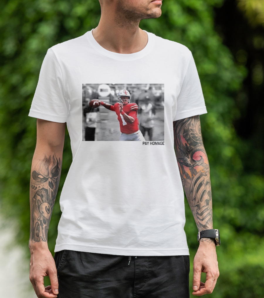 Ohio State Buckeyes NCAA Pay Homage Quarterback Throwing Football Selective Color Photo T-Shirt