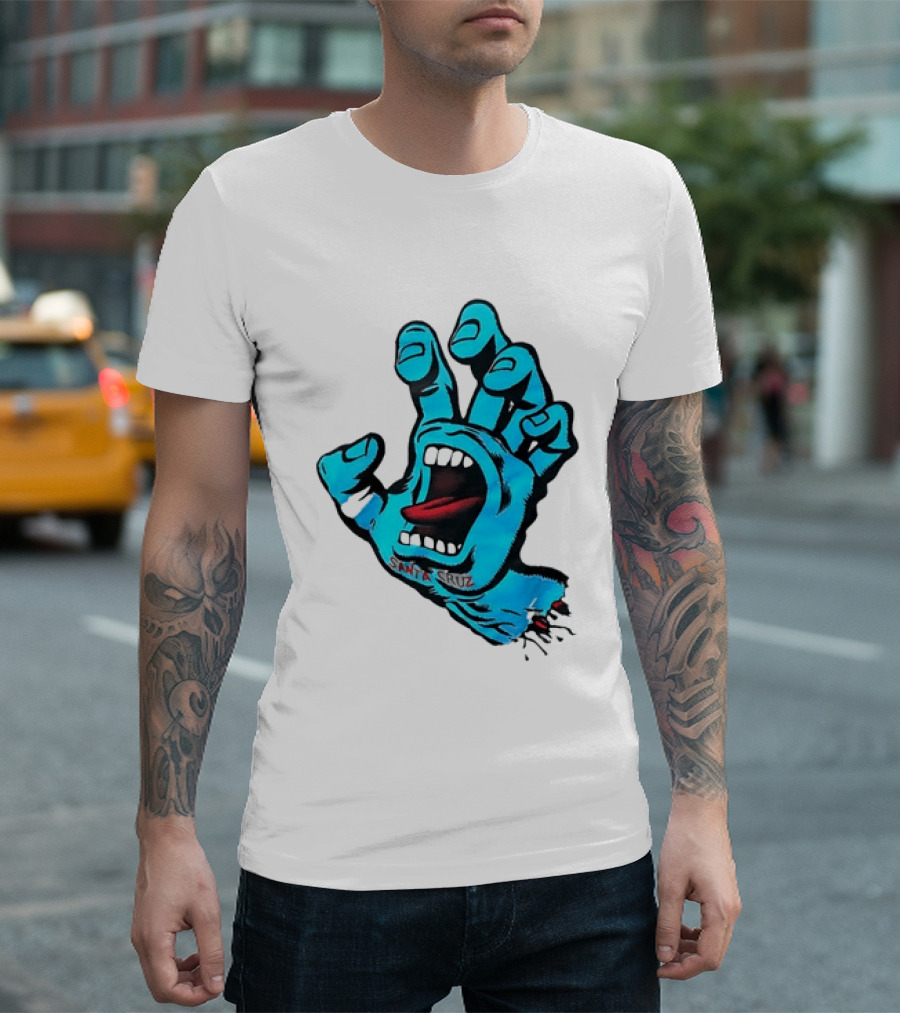 Santa Cruz Blue Screaming Hand Open Mouth Tongue Cartoon T-Shirt