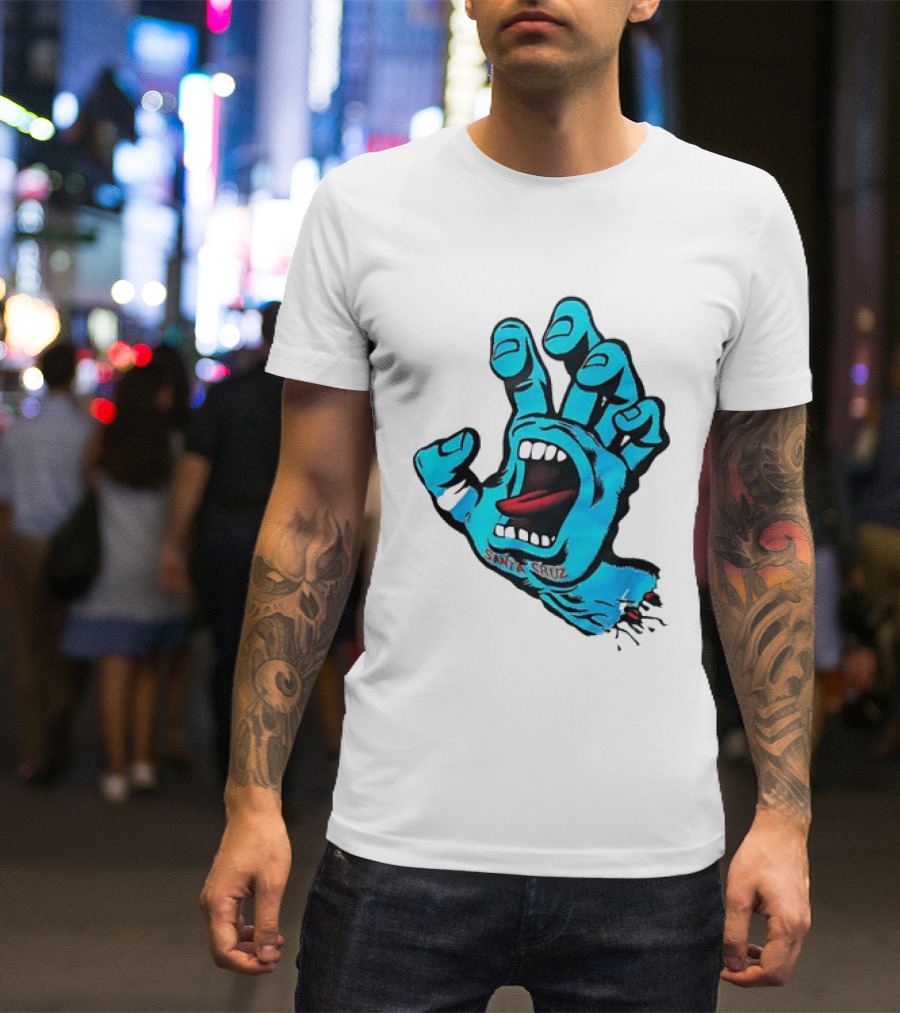 Santa Cruz Blue Screaming Hand Open Mouth Tongue Cartoon T-Shirt