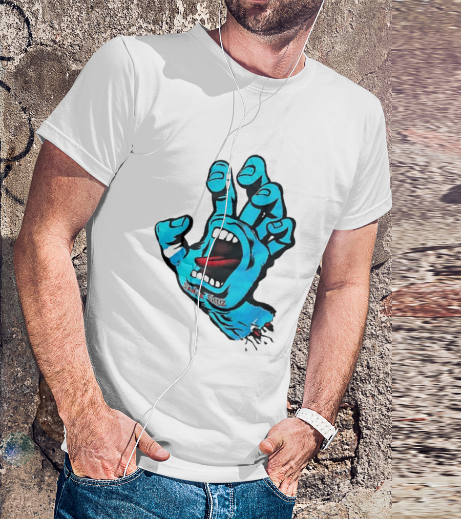 Santa Cruz Blue Screaming Hand Open Mouth Tongue Cartoon T-Shirt