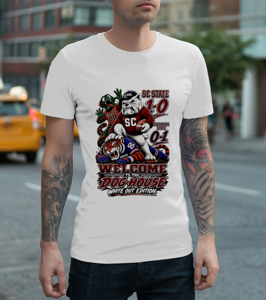 South Carolina State Bulldogs 1 0 Welcome To The Dog House White Out Edition Cartoon Tackling Tiger Savannah State 0 1 FAMU 00 T-Shirt