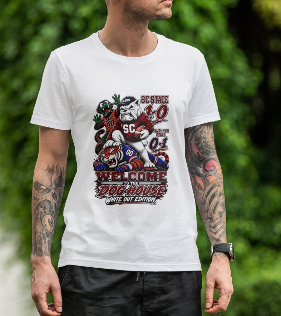 South Carolina State Bulldogs 1 0 Welcome To The Dog House White Out Edition Cartoon Tackling Tiger Savannah State 0 1 FAMU 00 T-Shirt