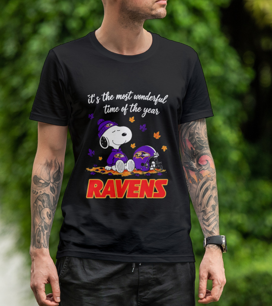 Baltimore Ravens It's The Most Wonderful Time Of Year Snoopy Sitting Leaves Football Helmet T-Shirt