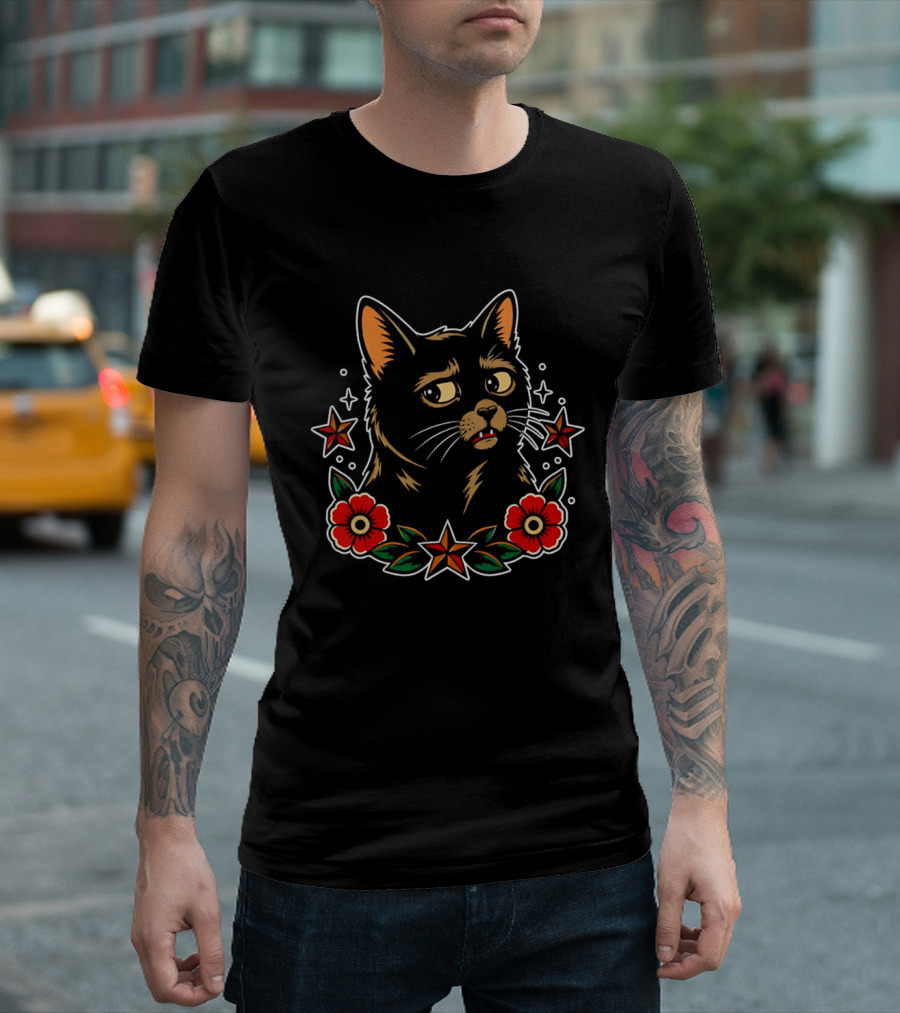 Black Cat Surrounded By Stars And Red Flowers T-Shirt