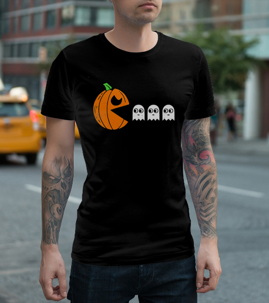 Halloween Pumpkin Pac Man Chasing White Ghosts Distressed Cartoon T-Shirt