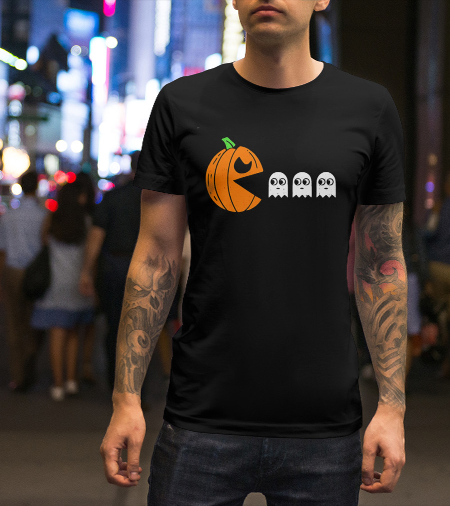 Halloween Pumpkin Pac Man Chasing White Ghosts Distressed Cartoon T-Shirt
