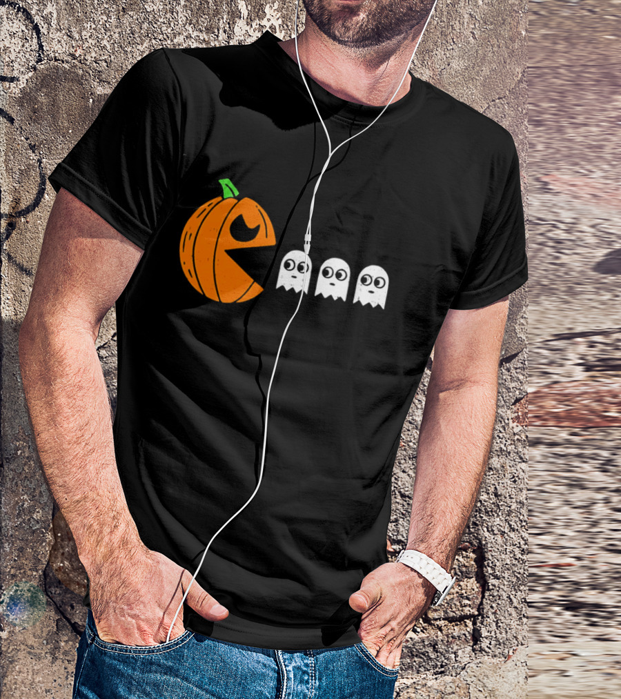 Halloween Pumpkin Pac Man Chasing White Ghosts Distressed Cartoon T-Shirt