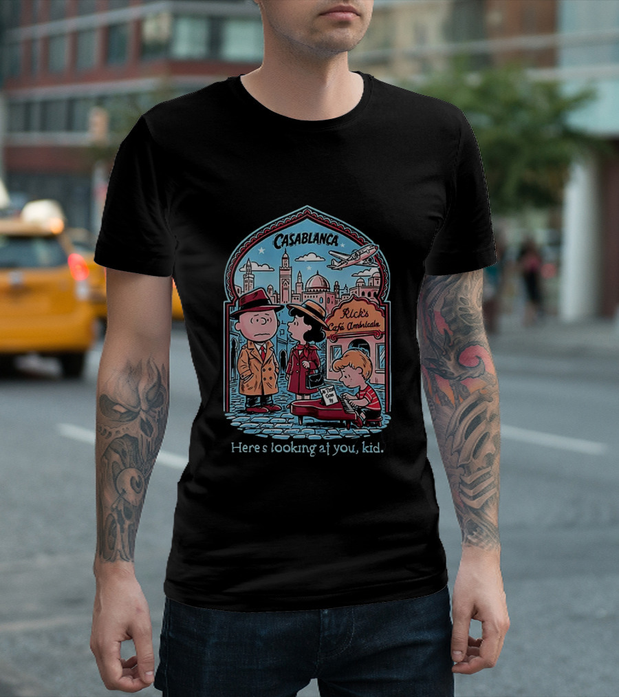 Charlie Brown Lucy Linus Peanuts Casablanca Rick's Café Americain Here's Looking At You Kid T-Shirt