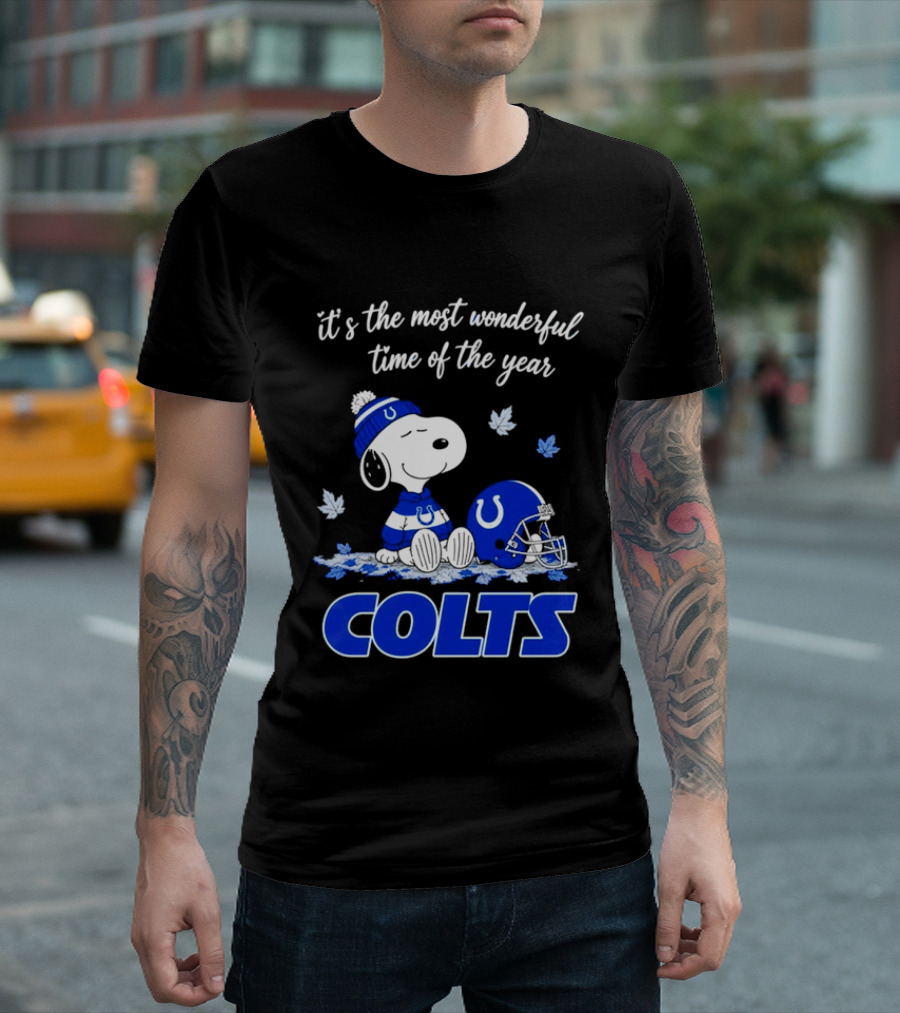 Indianapolis Colts Snoopy Beanie Helmet Leaves It's The Most Wonderful Time Of The Year T-Shirt