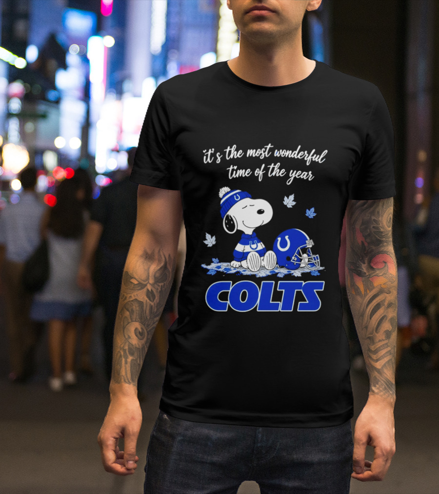 Indianapolis Colts Snoopy Beanie Helmet Leaves It's The Most Wonderful Time Of The Year T-Shirt