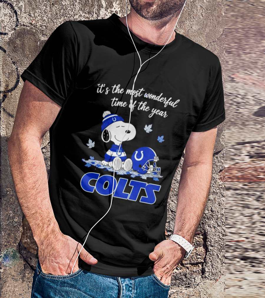 Indianapolis Colts Snoopy Beanie Helmet Leaves It's The Most Wonderful Time Of The Year T-Shirt