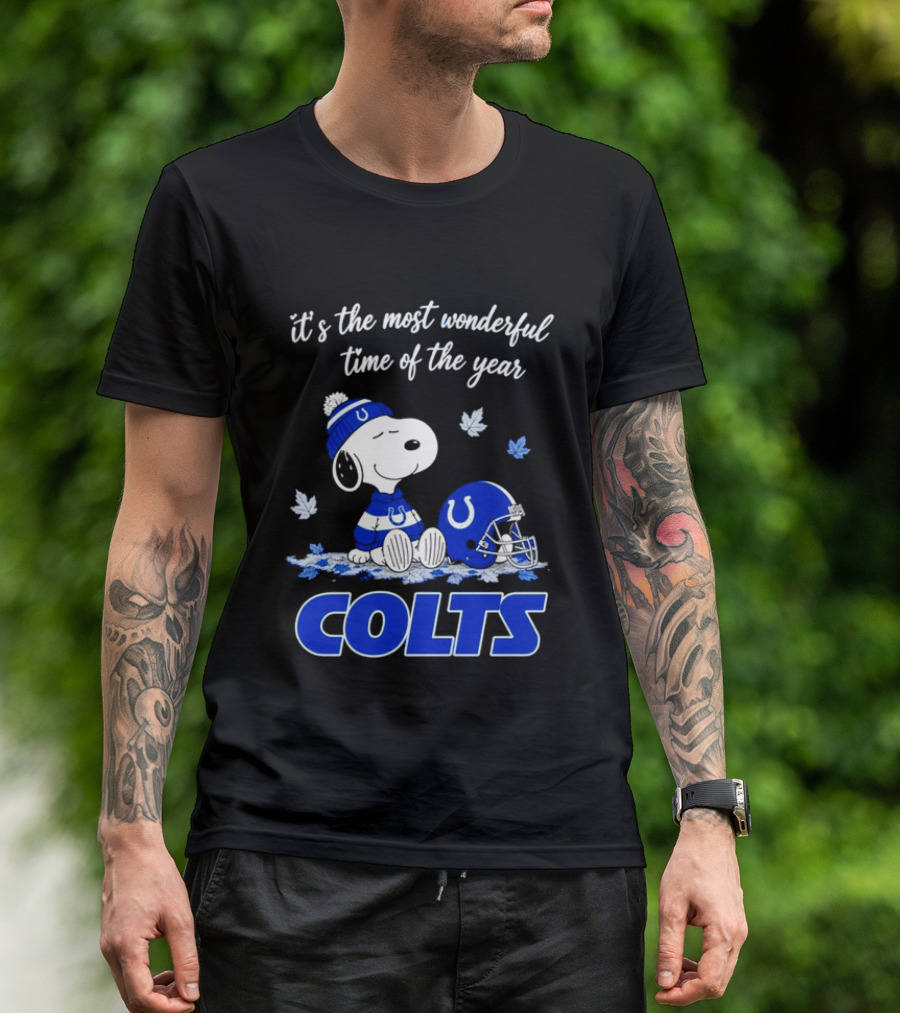 Indianapolis Colts Snoopy Beanie Helmet Leaves It's The Most Wonderful Time Of The Year T-Shirt