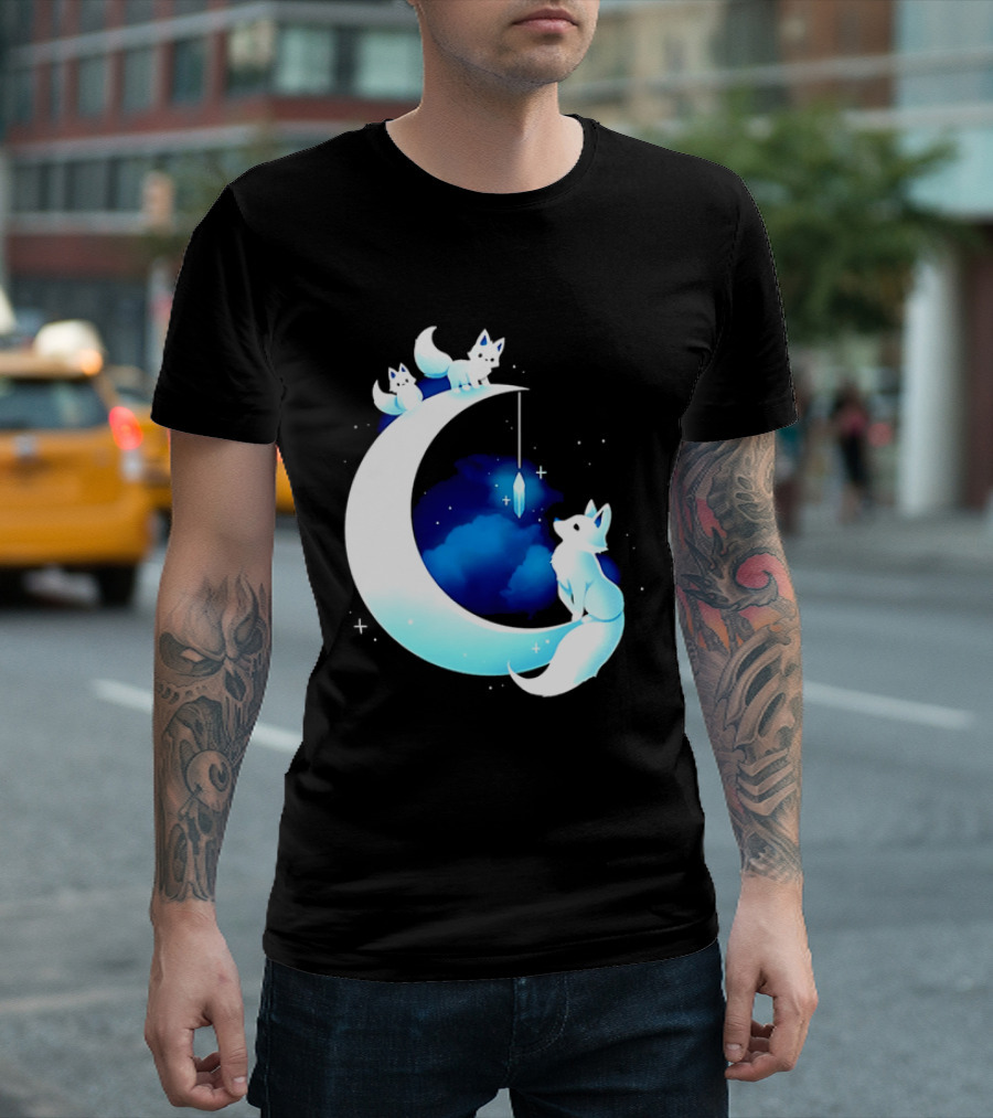 Glowing White Arctic Foxes Crescent Moon Crystal Night Sky T-Shirt