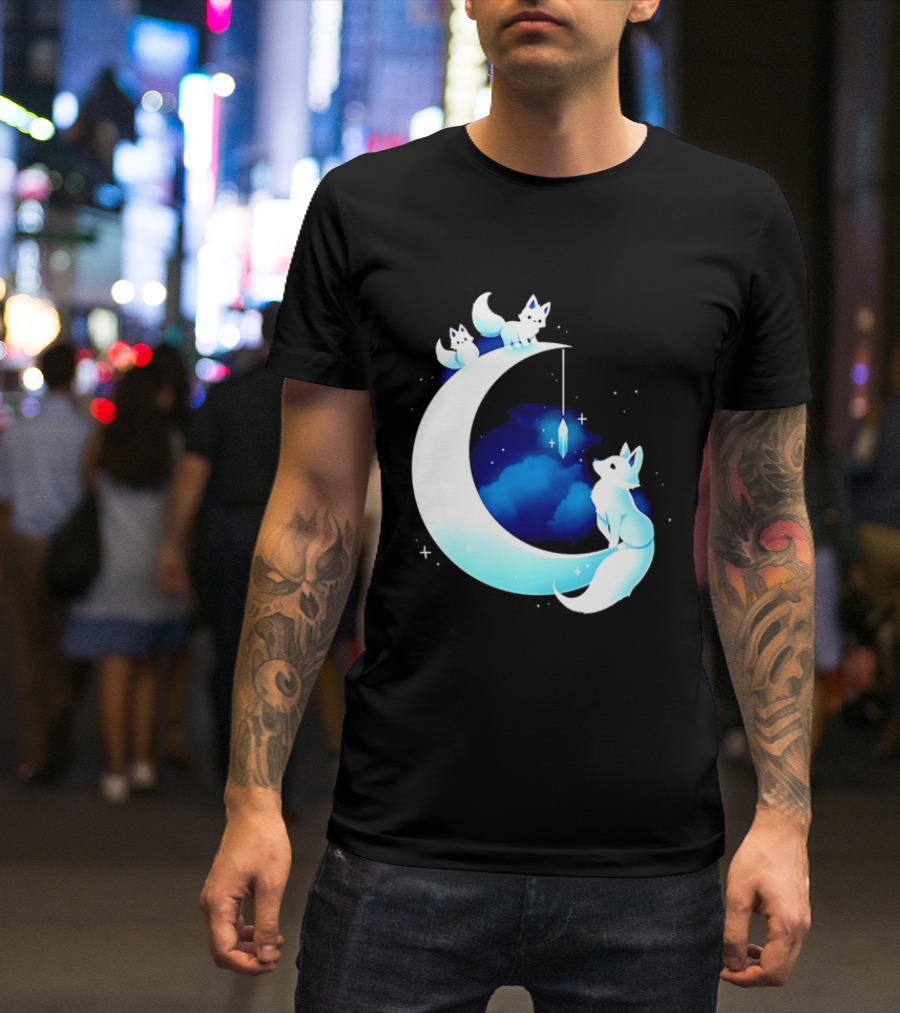 Glowing White Arctic Foxes Crescent Moon Crystal Night Sky T-Shirt