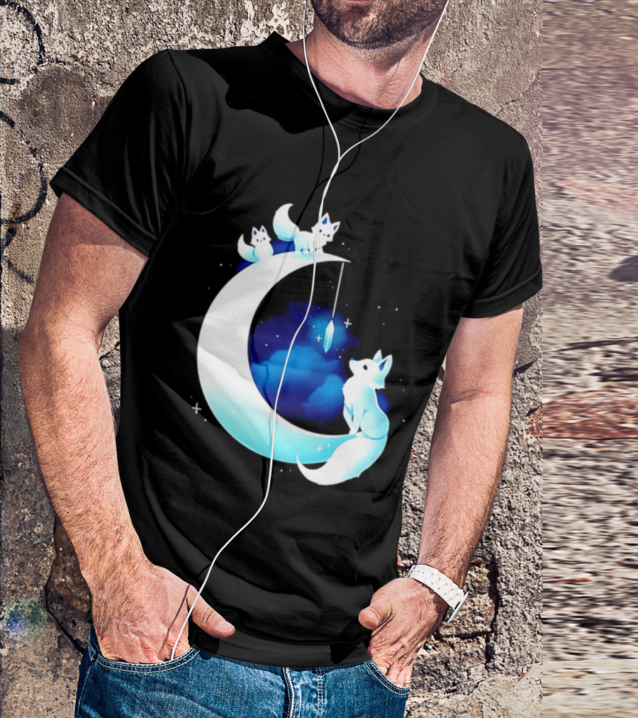 Glowing White Arctic Foxes Crescent Moon Crystal Night Sky T-Shirt