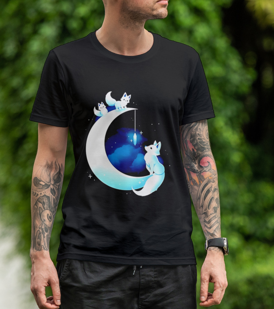 Glowing White Arctic Foxes Crescent Moon Crystal Night Sky T-Shirt